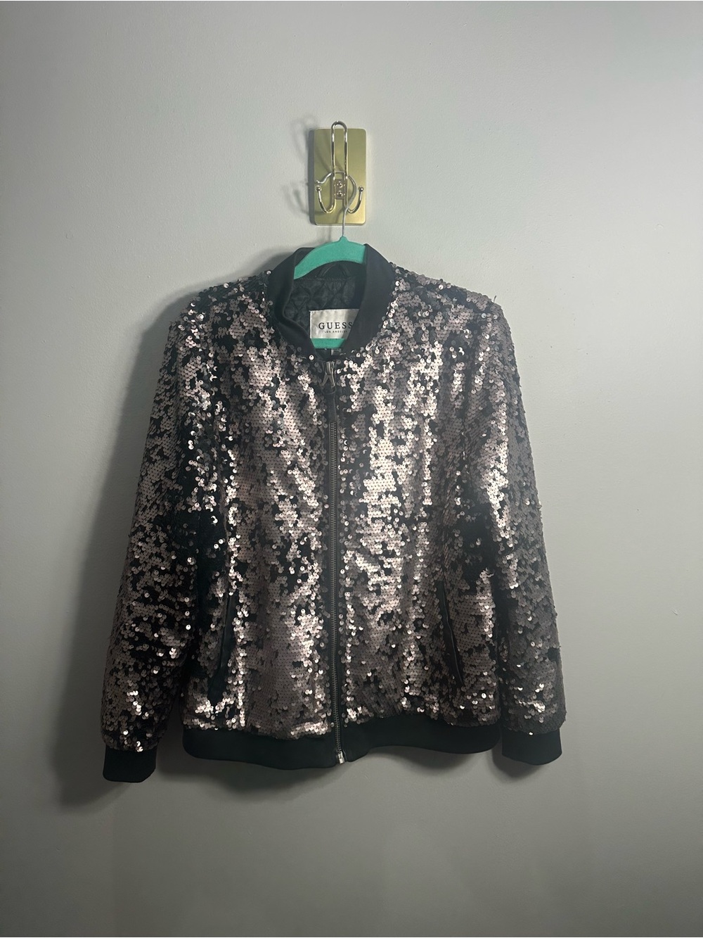 GUESS Sequin Bomber Jacket — Black and Silver